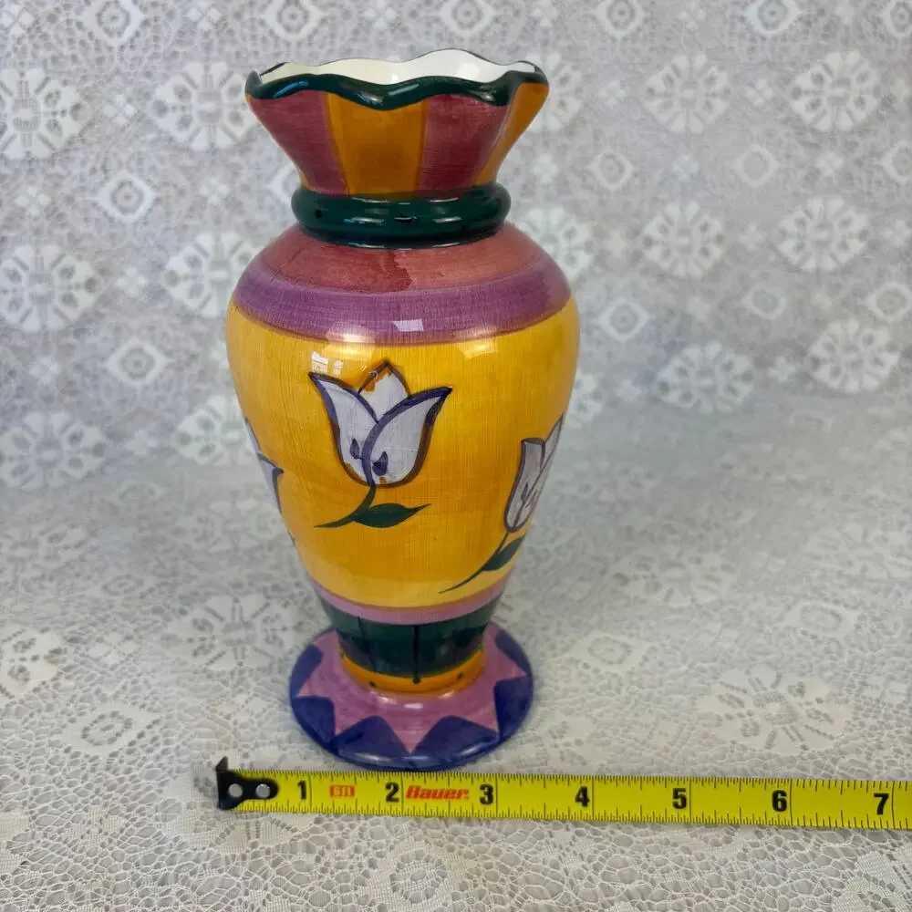 Vintage Hand Painted Ceramic Vase Colorful Tulip Floral Scalloped Rim 8